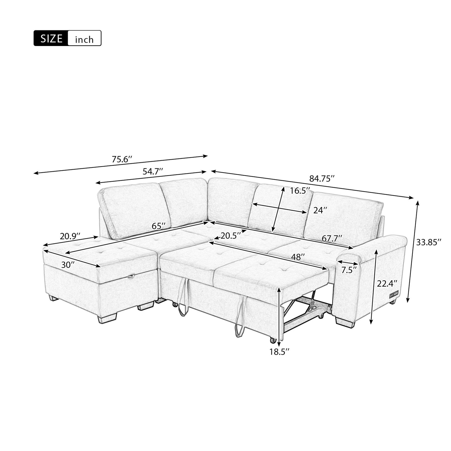 Sleeper Sectional Sofa, L-Shape Corner Couch Sofa Bed With Storage Ottoman &amp; Hidden Arm Storage &amp; USB Charge For Living Room Apartment