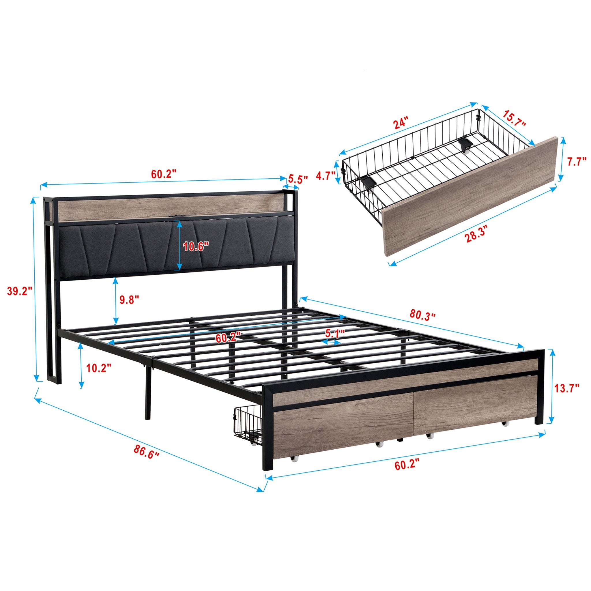 Metal Platform Bed Frame With Upholsteryolstery Storage Function Headboard And USB Liner And Footboard With Drawers, No Box Spring Needed, Large Under Bed Storage