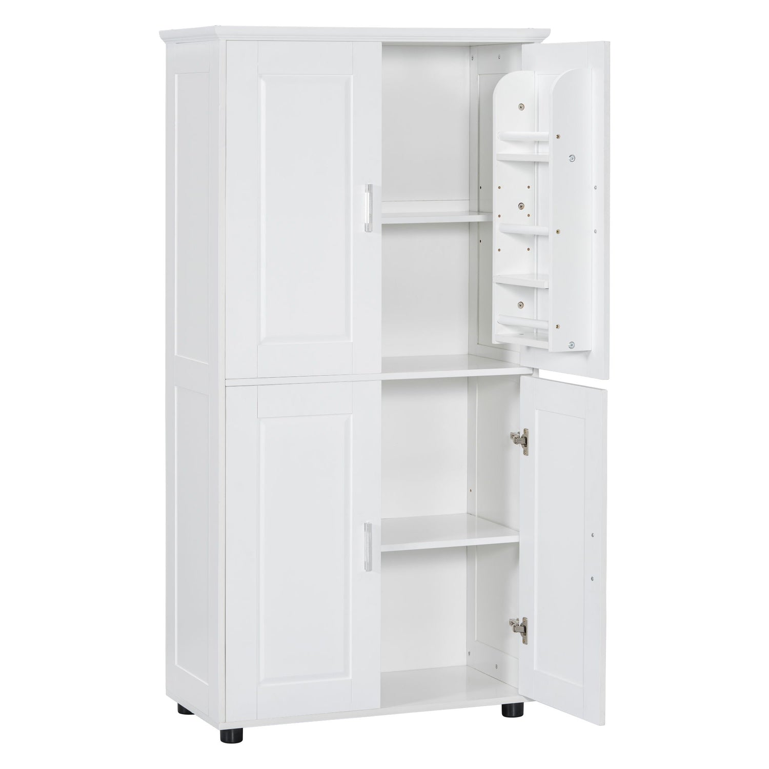 Tall And Wide Bathroom Floor Storage Cabinet With 4 Doors, Adjustable Shelves - White