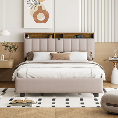 Upholstered Platform Bed With Storage Headboard, Trundle &amp; 2 Drawers And A Set Of Sockets &amp; USB Ports