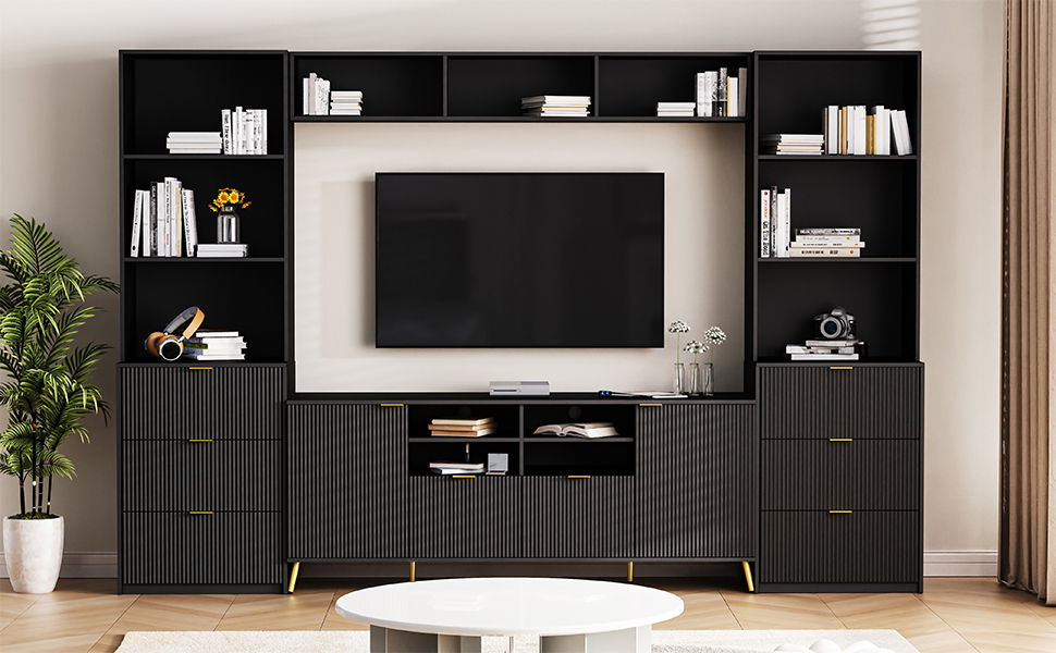 4 Piece Entertainment Wall Unit With 13 Shelves, 8 Drawers And 2 Cabinets, Multifunctional TV Stand Media Storage Cabinet With Fluted Line Surface For Living Room, For TVs Up To 70&quot;