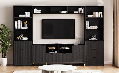 4 Piece Entertainment Wall Unit With 13 Shelves, 8 Drawers And 2 Cabinets, Multifunctional TV Stand Media Storage Cabinet With Fluted Line Surface For Living Room, For TVs Up To 70&quot;