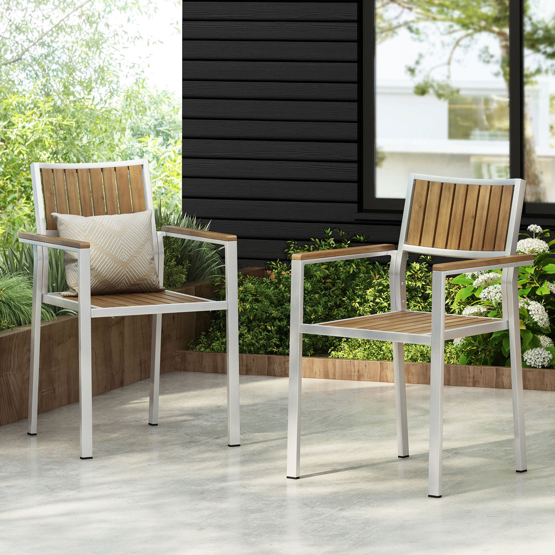 Stylish Modern Faux Wood &amp; Aluminum Outdoor Dining Chairs, (Set of 2) - Natural