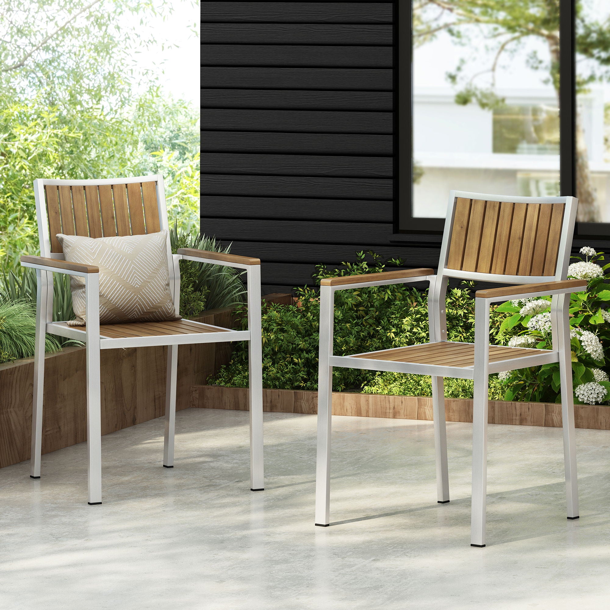 Stylish Modern Faux Wood &amp; Aluminum Outdoor Dining Chairs, (Set of 2) - Natural