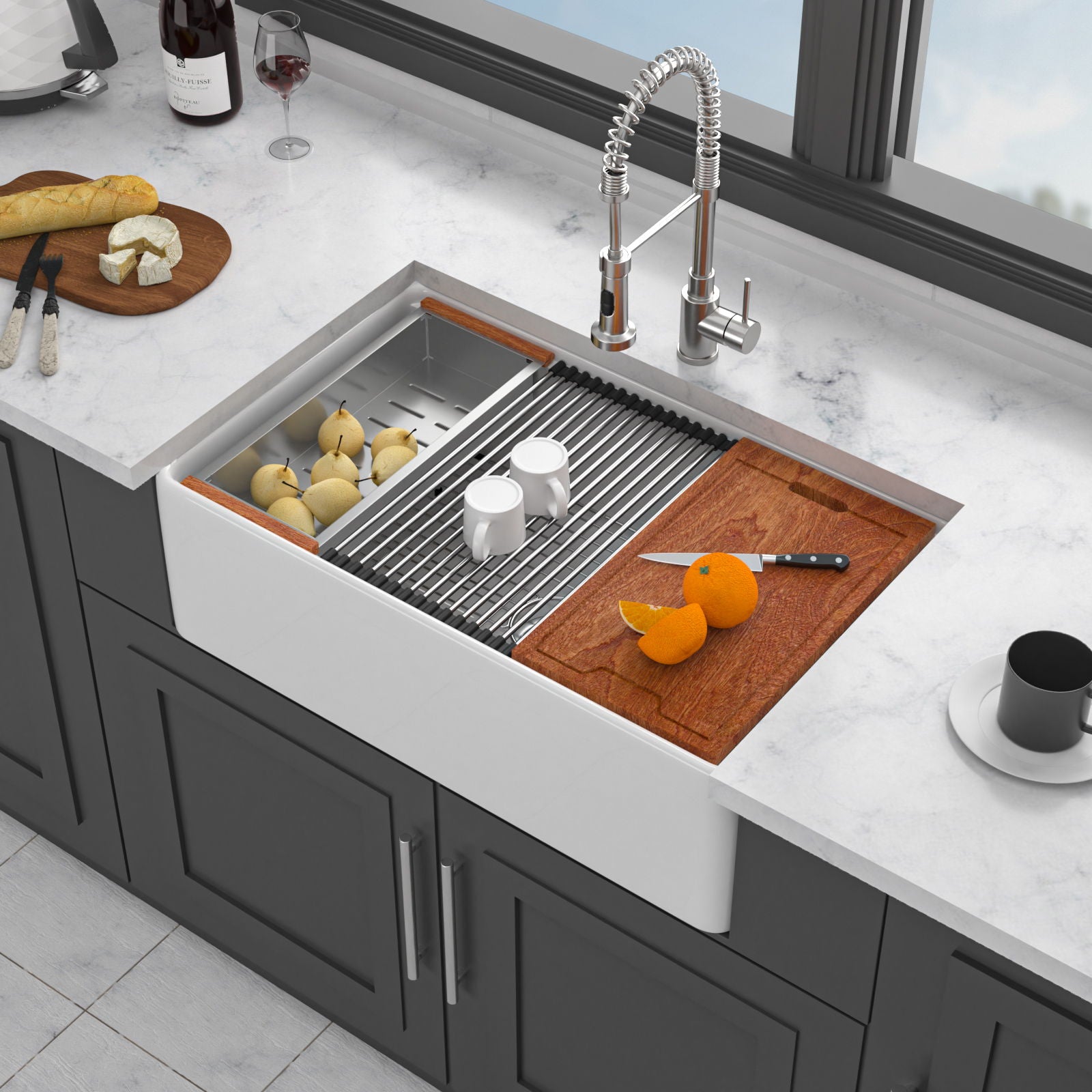 Kitchen Sink Workstation 33&quot; Single Bowl Sink With Work Surface - White