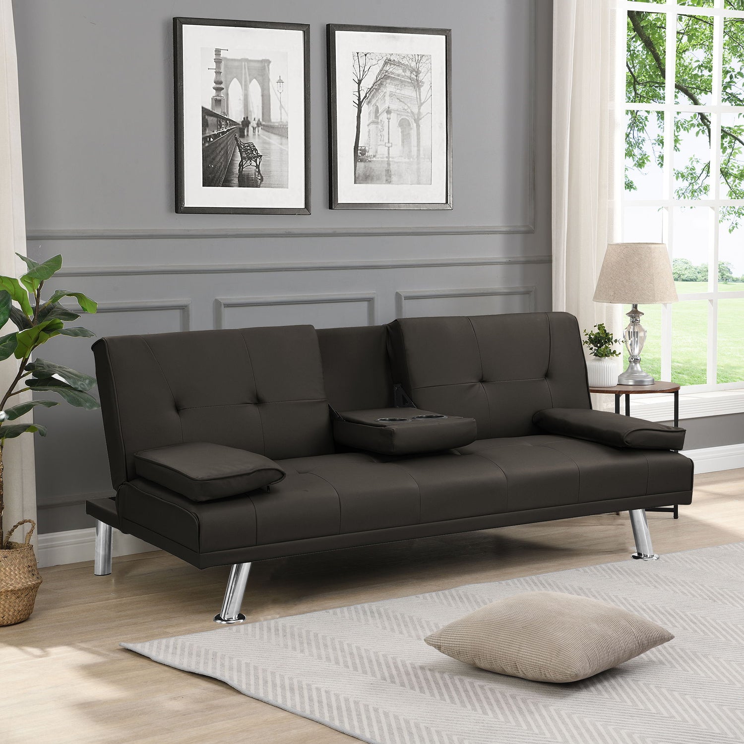 Modern Sofa Bed With Armrest 2 Holders, Wood Frame &amp; Stainless Leg