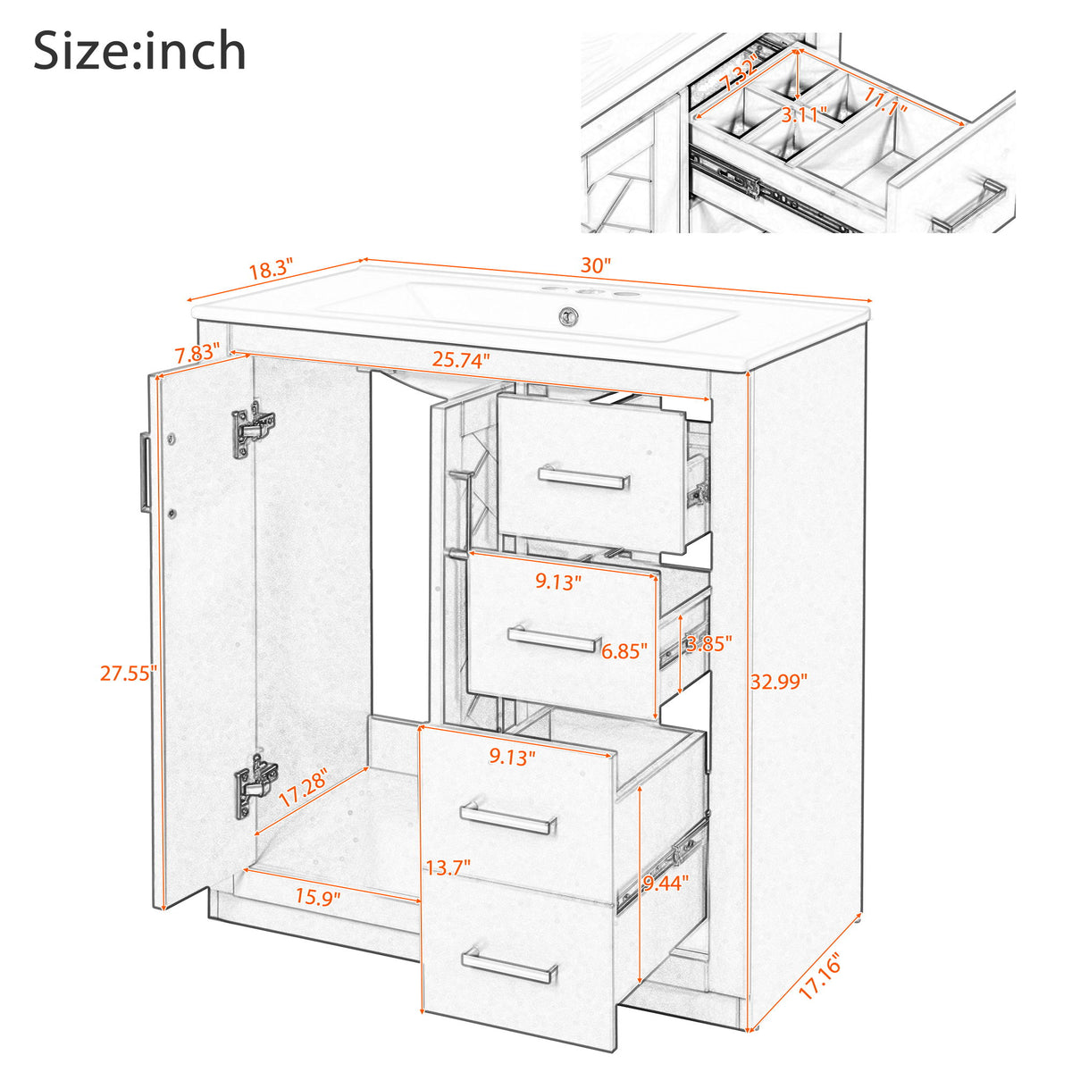Bathroom Vanity With Sink, Storage Cabinet, Freestanding Set With 3 Drawers &amp; Soft Closing Doors