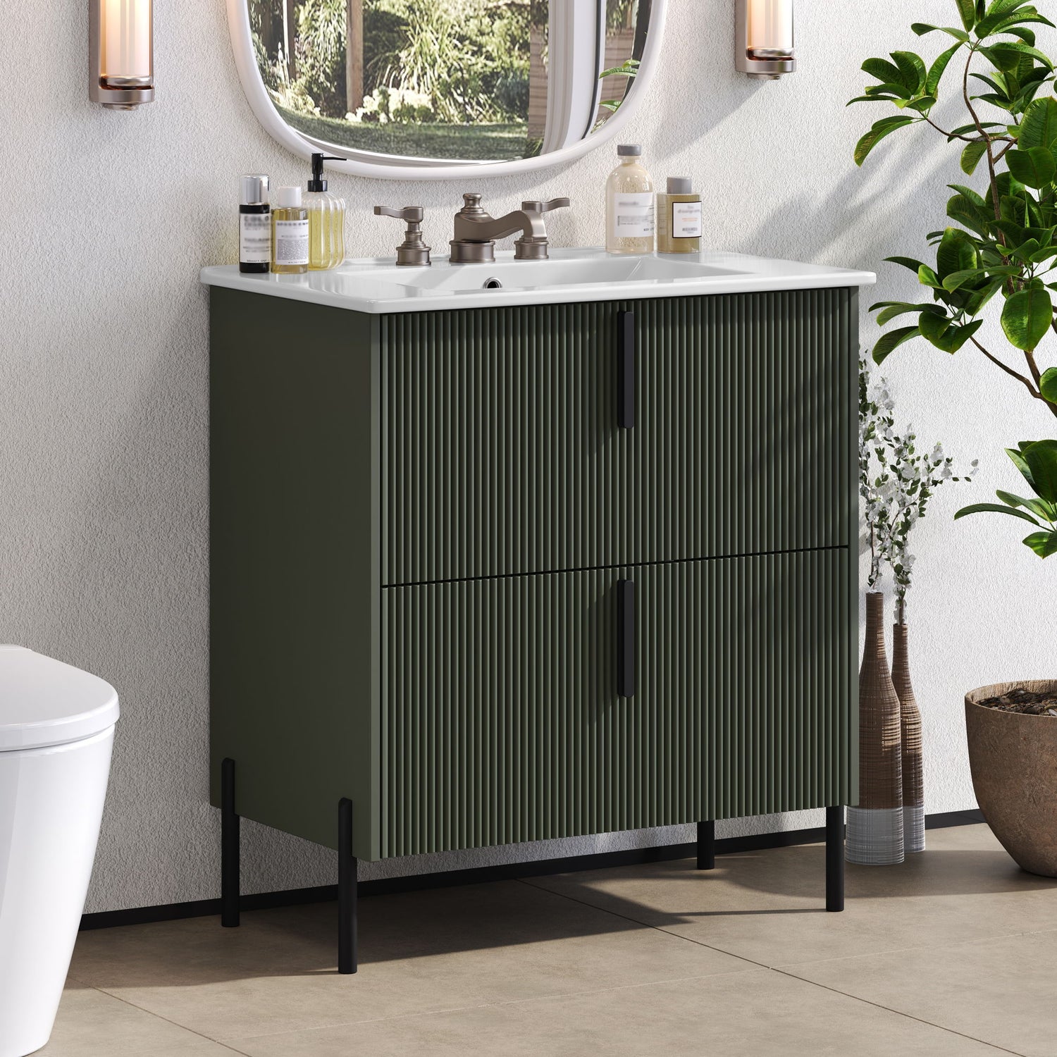 Bathroom Vanity With Ceramic Sink, Fluted Design