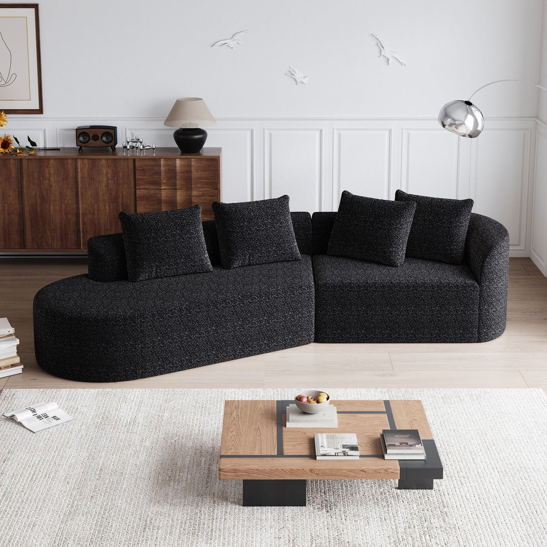 Upholstered Oversized Sectional Sofa, 4 Seater Extra Deep &amp; Wide Seat Curved Cloud Couch With 4 Throw Pillows, Free Combination Living Room - Black