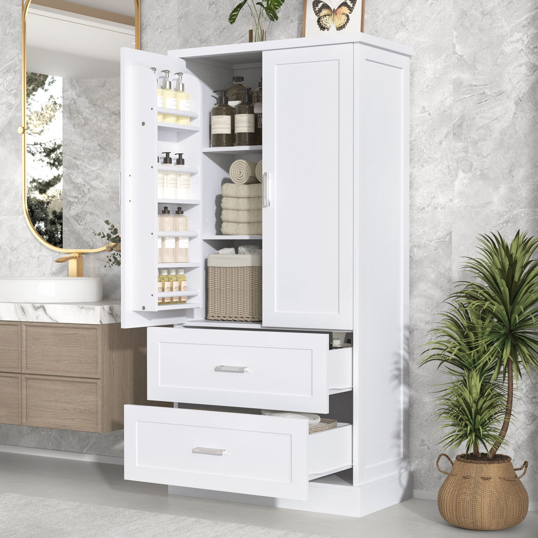 Tall Bathroom Storage Cabinet With 2 Doors And Drawers, Adjustable Shelf