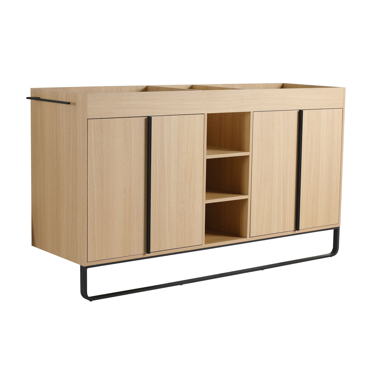 58" Freestanding Bathroom Cabinet With 4 Soft Close Doors &amp; 3 Open Racks (Vanity Only, No Sink) - Oak