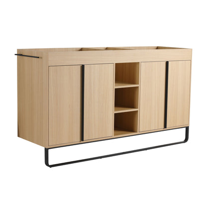 58" Freestanding Bathroom Cabinet With 4 Soft Close Doors &amp; 3 Open Racks (Vanity Only, No Sink) - Oak