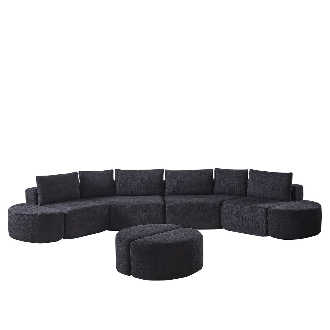 Modular Sectional Sofa With 6 Pillows And 4 Curved Footstools For Living Rooms - Black