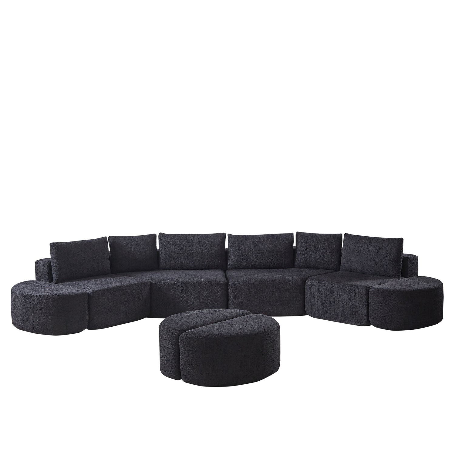 Modular Sectional Sofa With 6 Pillows And 4 Curved Footstools For Living Rooms - Black