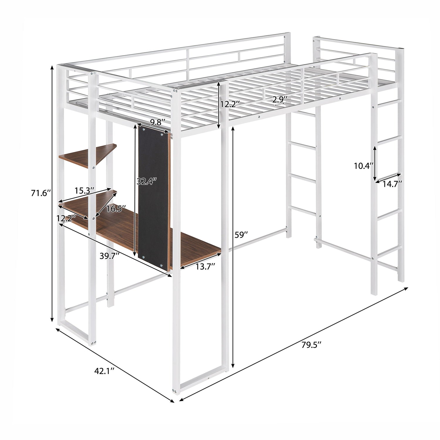 Hearth &amp; Haven - Twin Metal Loft Bed With 2 Shelves And One Desk - White