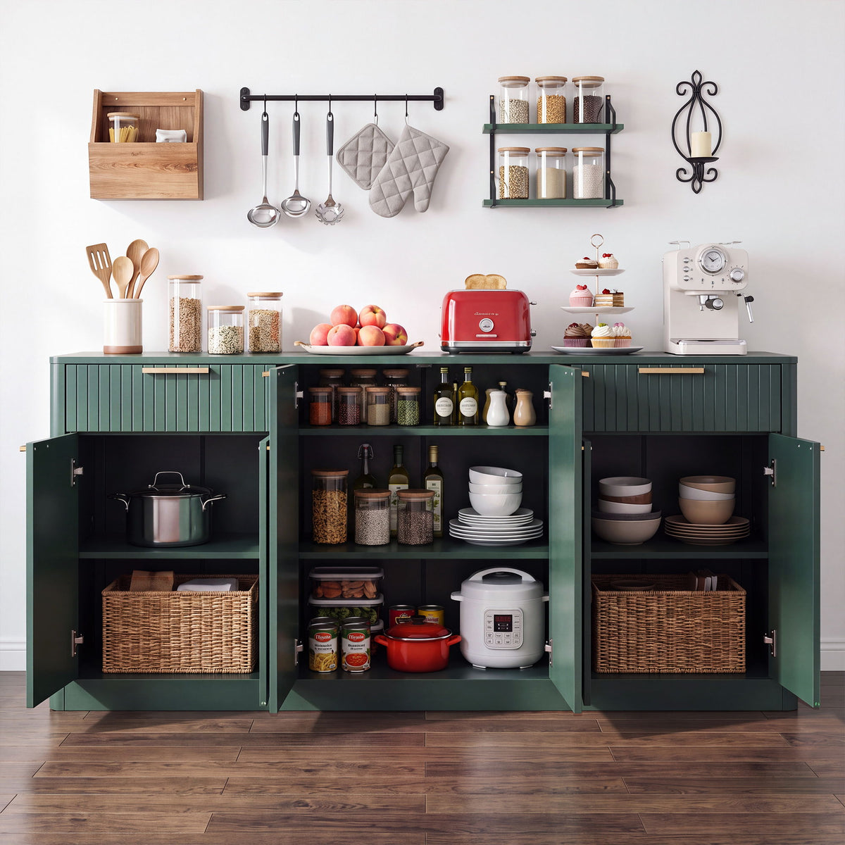 Large Fluted Buffet Sideboard, Wine Bar Storage Cabinet With 6 Doors &amp; 2 Drawers