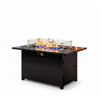 Outdoor 2 In 1 Gas Fire Pit Table With Lid &amp; Glass Shield, Stainless Burner, Lava Rock, Rectangular Design - Black