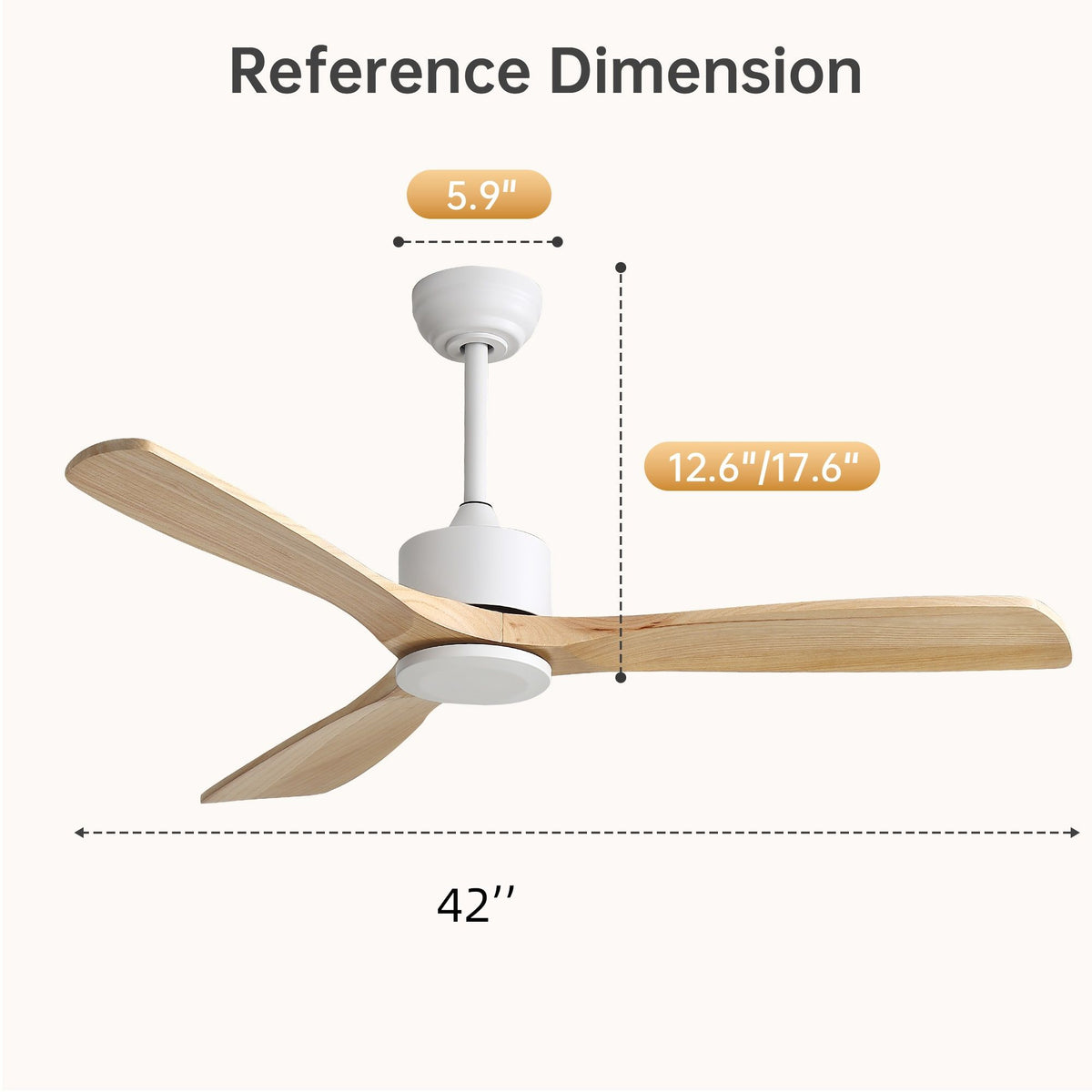 42" Ceiling Fan With No Light, Reversible DC Motor, 2 Downrods (12.5Cm / 25Cm) For Bedroom &amp; Living Room - White