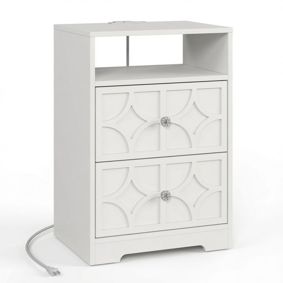 Nightstand With Diamond Carvings Handles, 2 Drawers &amp; Charging Station