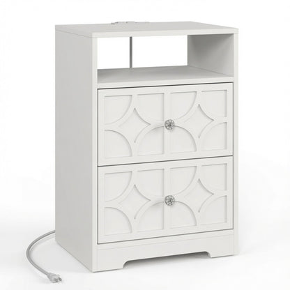 Nightstand With Diamond Carvings Handles, 2 Drawers &amp; Charging Station