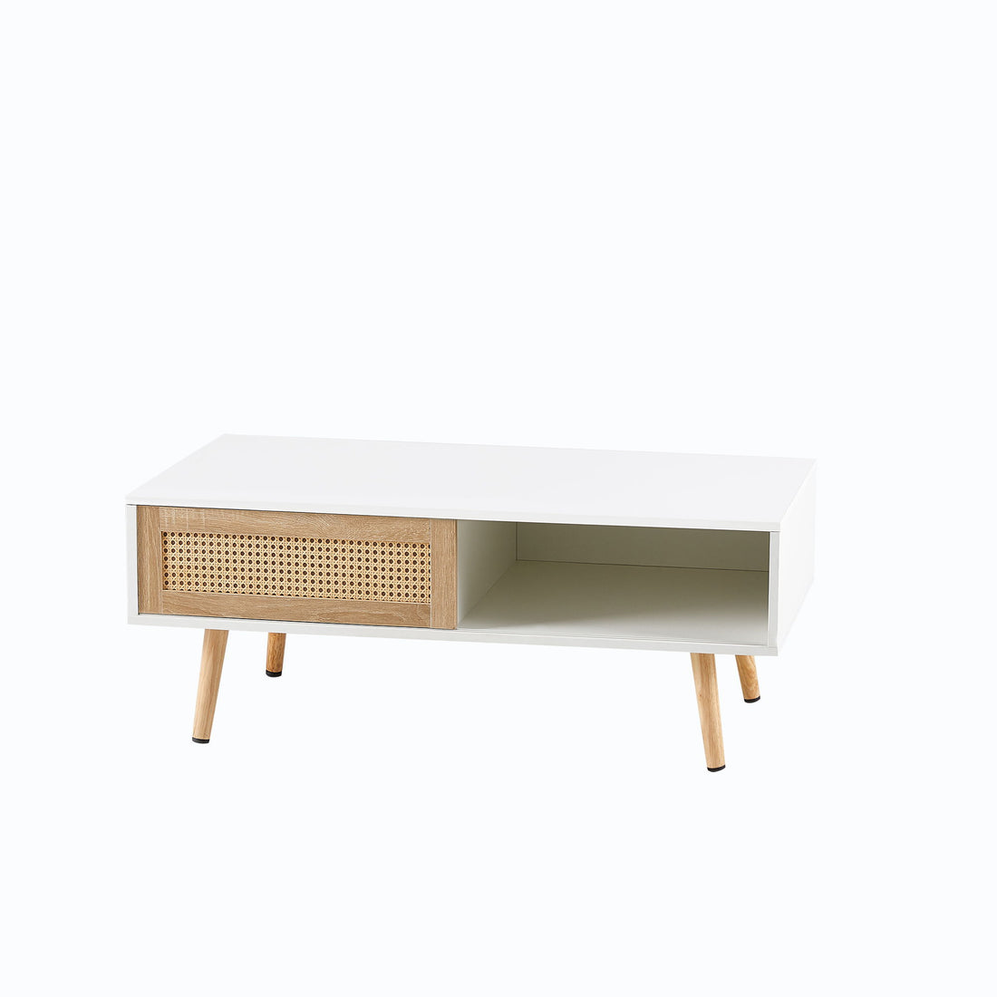 41.34&quot; Rattan Coffee Table, Sliding Door For Storage, Solid Wood Legs, Modern Table For Living Room