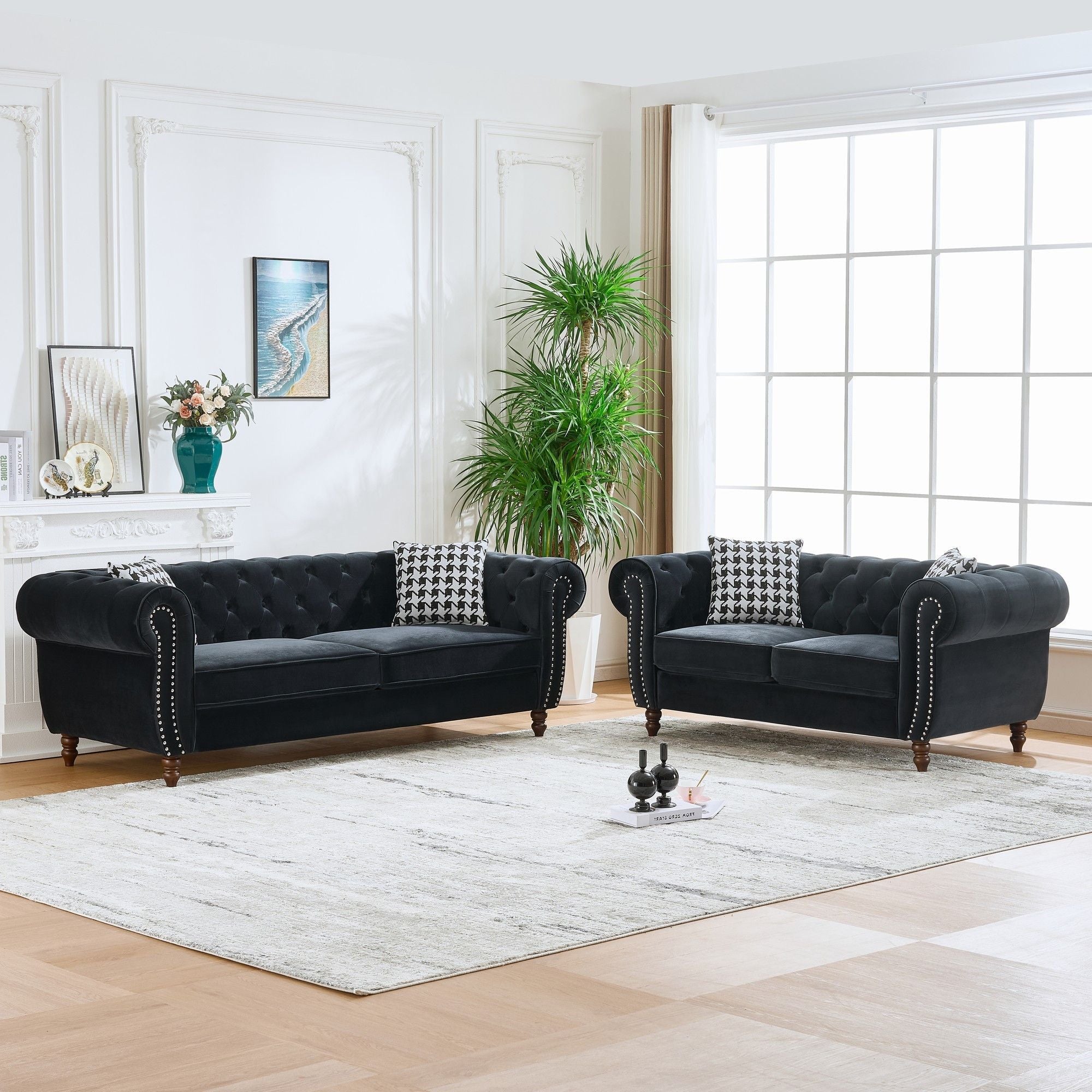 Chesterfield 3 And 2 Seater Velvet Upholstery Sofa With Roll Armrest &amp; Nailhead Fabric Couch