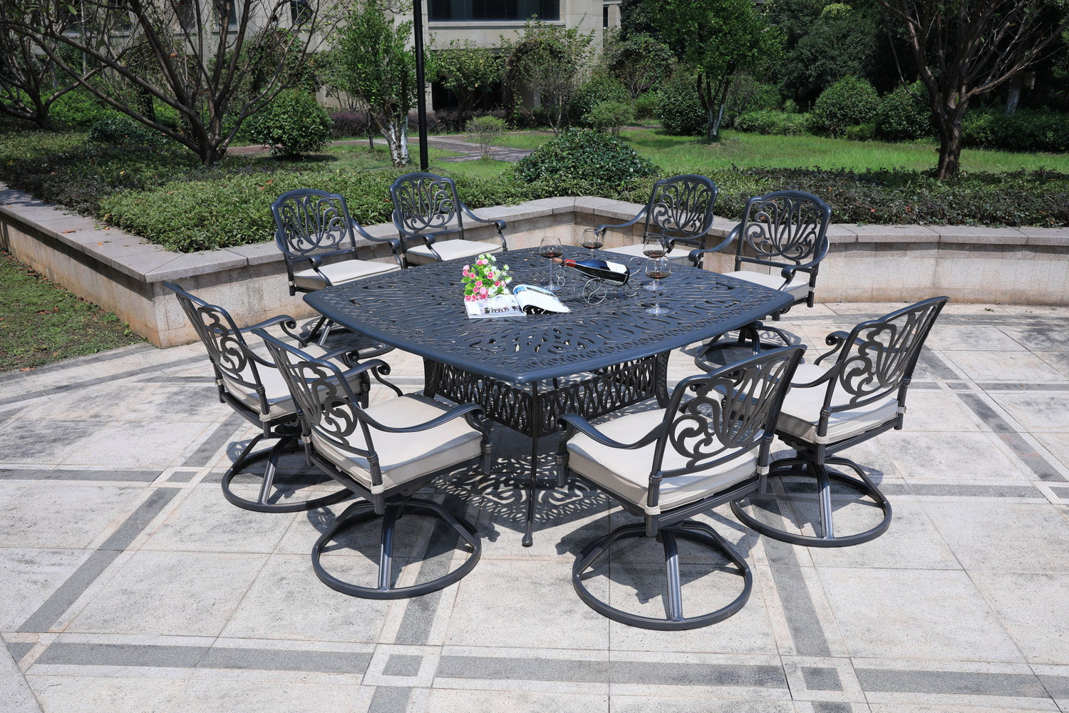 Square 8 Person 64&quot; Long Aluminum Dining Set With Cushions