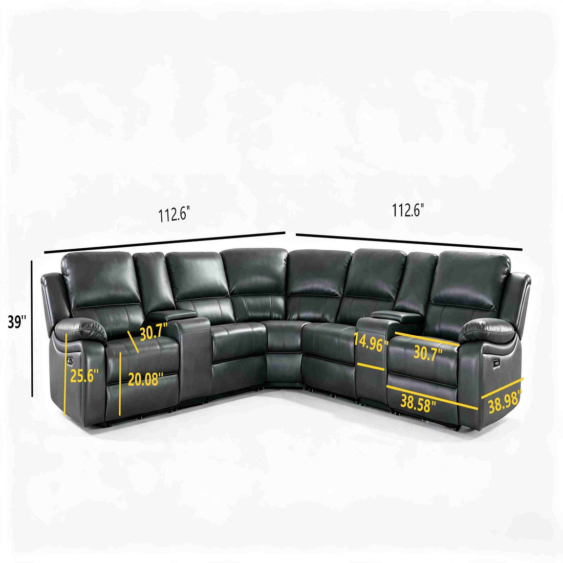Power Reclining Sectional Sofa With 3 Adjustable Recliners, USB Ports &amp; Cup Holders, Oversized Seating For Living Room - Black