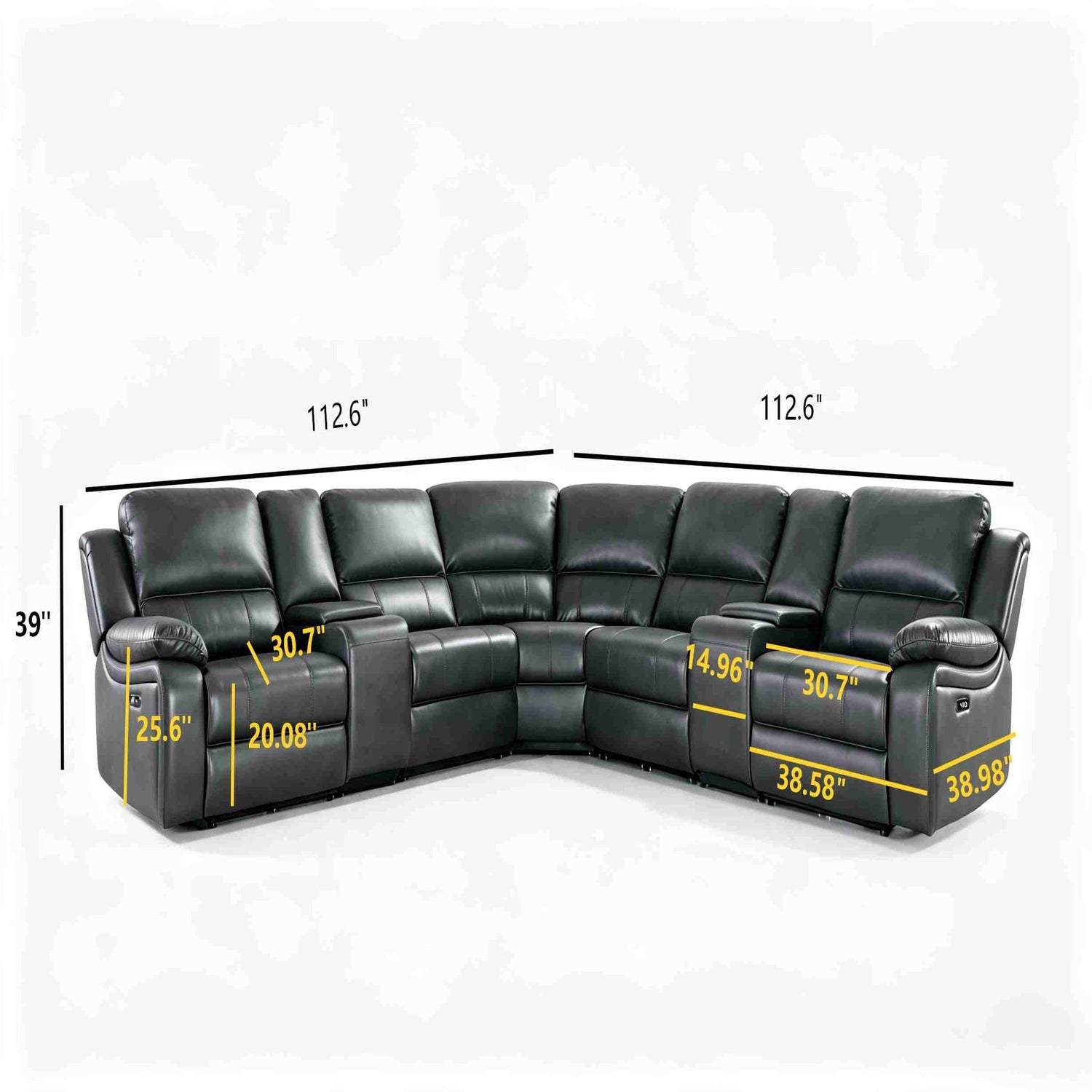 Power Reclining Sectional Sofa With 3 Adjustable Recliners, USB Ports &amp; Cup Holders, Oversized Seating For Living Room - Black