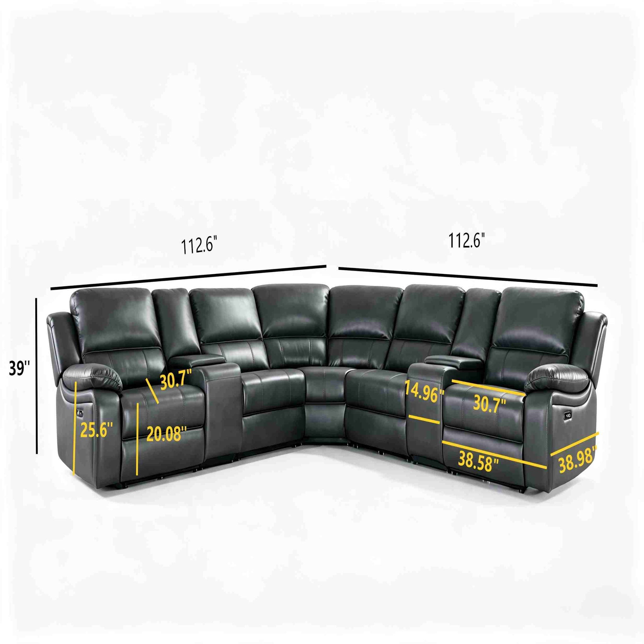 Power Reclining Sectional Sofa With 3 Adjustable Recliners, USB Ports &amp; Cup Holders, Oversized Seating For Living Room - Black