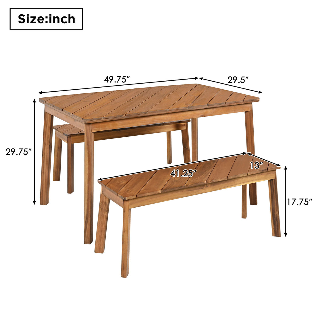 3 Pieces Acacia Wood Table Bench Dining Set For Outdoor &amp; Indoor Furniture With 2 Benches, Picnic Beer Table For Patio, Porch, Garden, Poolside - Natural