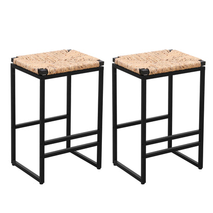 25&quot; Height Backless Water Hyacinth Woven Bar Stools With Footrest (Set of 2) - Natural