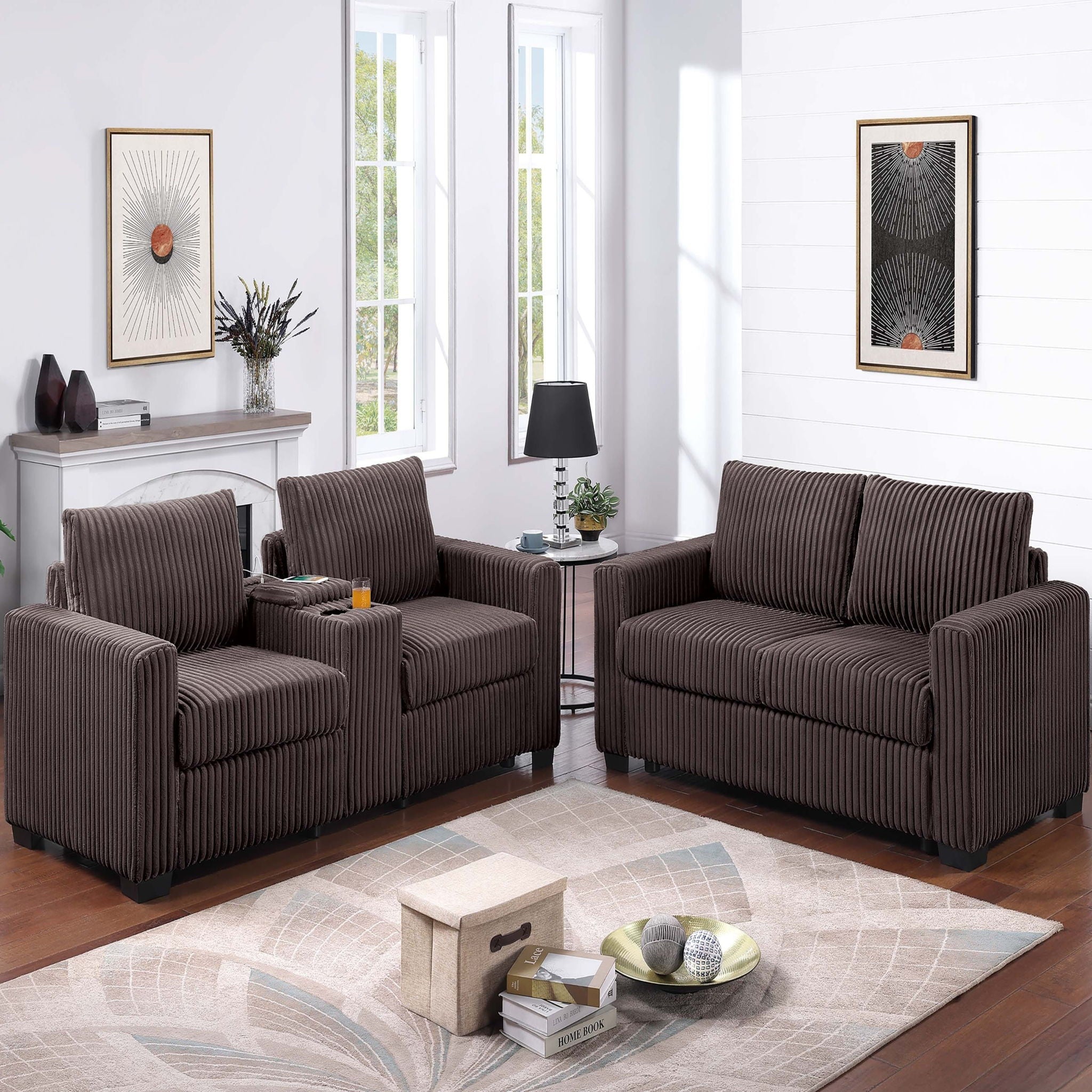 Modern Style 2 Piece Sofa Set With Cup Holders &amp; Charging Port
