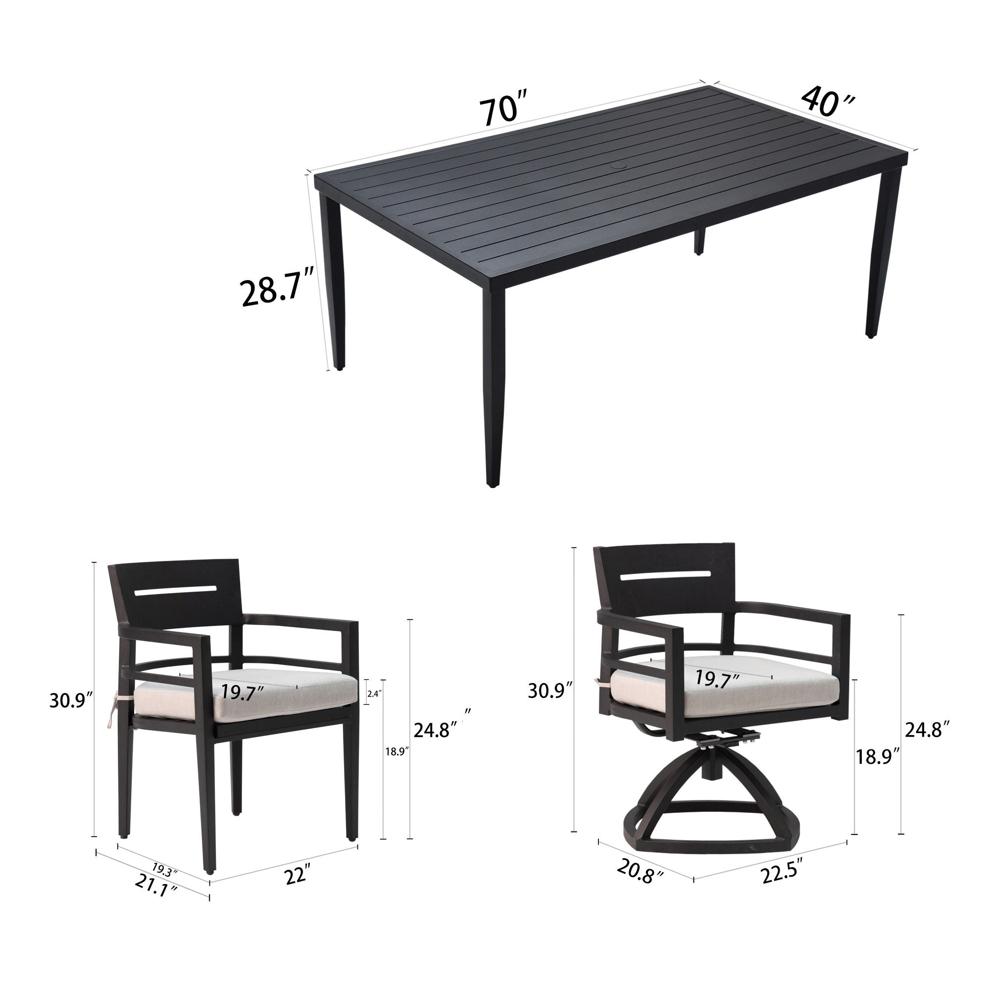 7 Piece Dining Set Modern Outdoor Patio Furniture, Including 4 Dining Chairs &amp; 2 Swivel Rockers Sunbrella Fabric Cushioned And Rectangle Dining Table With Umbrella Hole