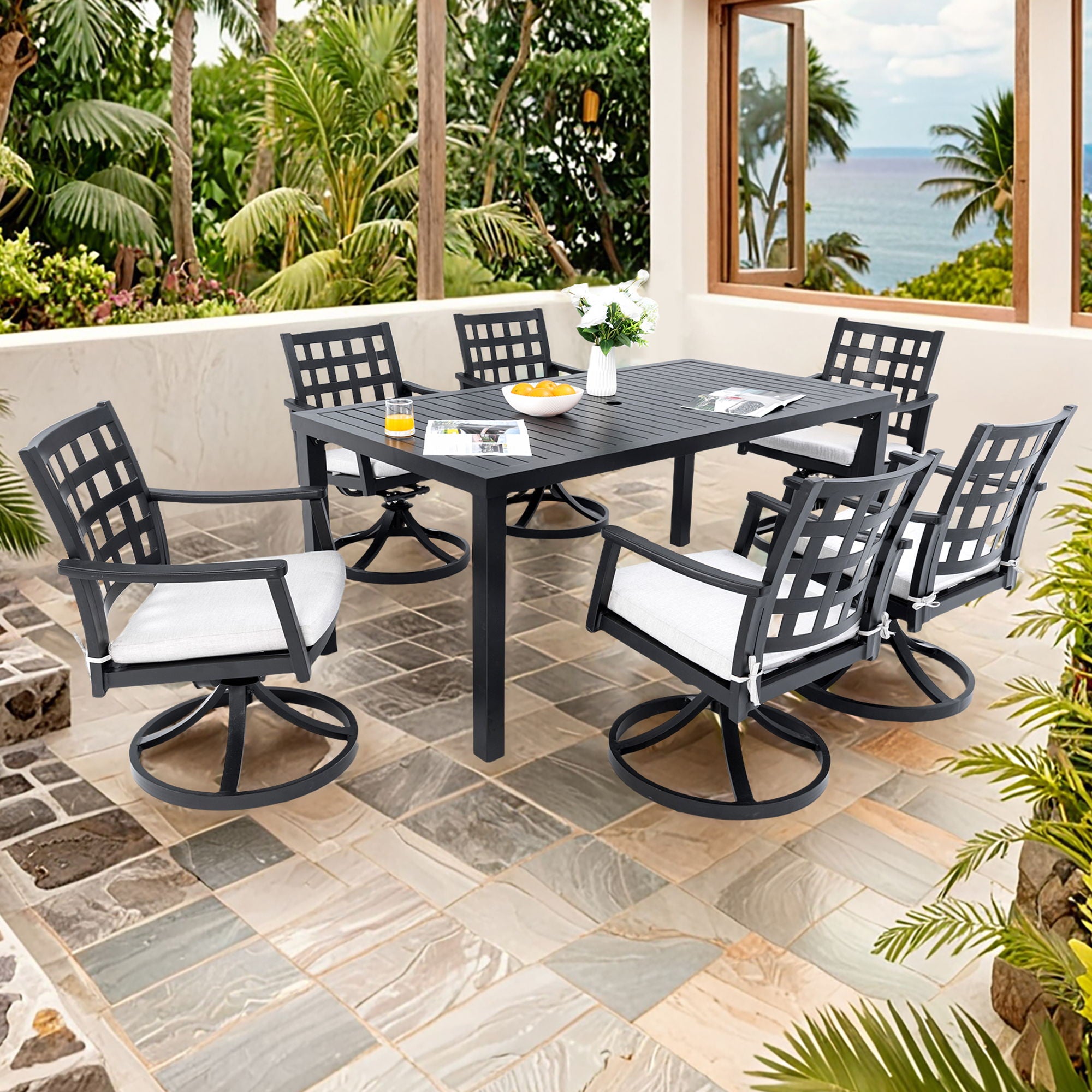 Modern Classic Outdoor Patio Dining Set, Rectangular Table &amp; Dining Chairs, Rust Free, Weather Resistant