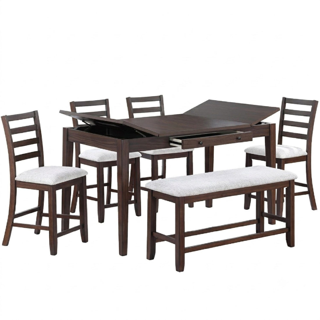6 Piece Counter Height Dining Set Table With Storage Ladder Back Chairs And Bench - Walnut