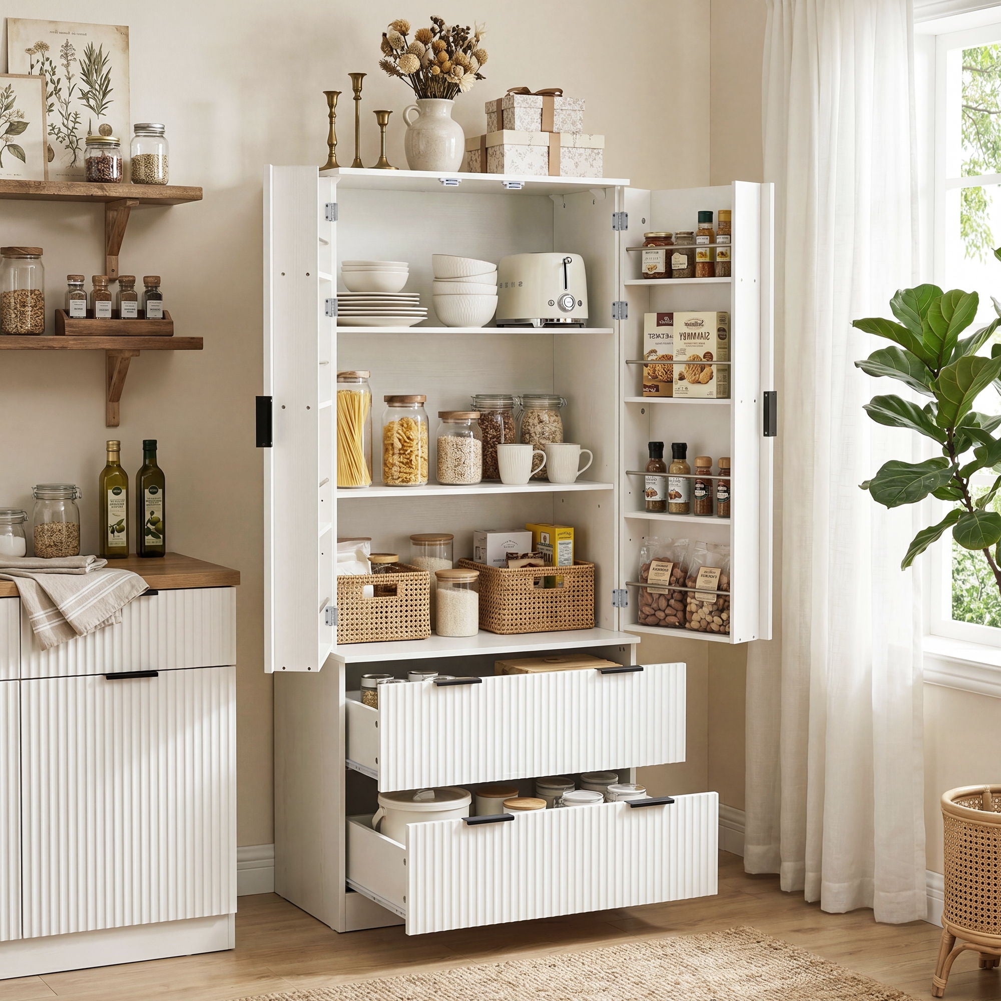 Fluted Kitchen Pantry Cabinet With 2 Large Drawers &amp; 8 Door Spice Rack