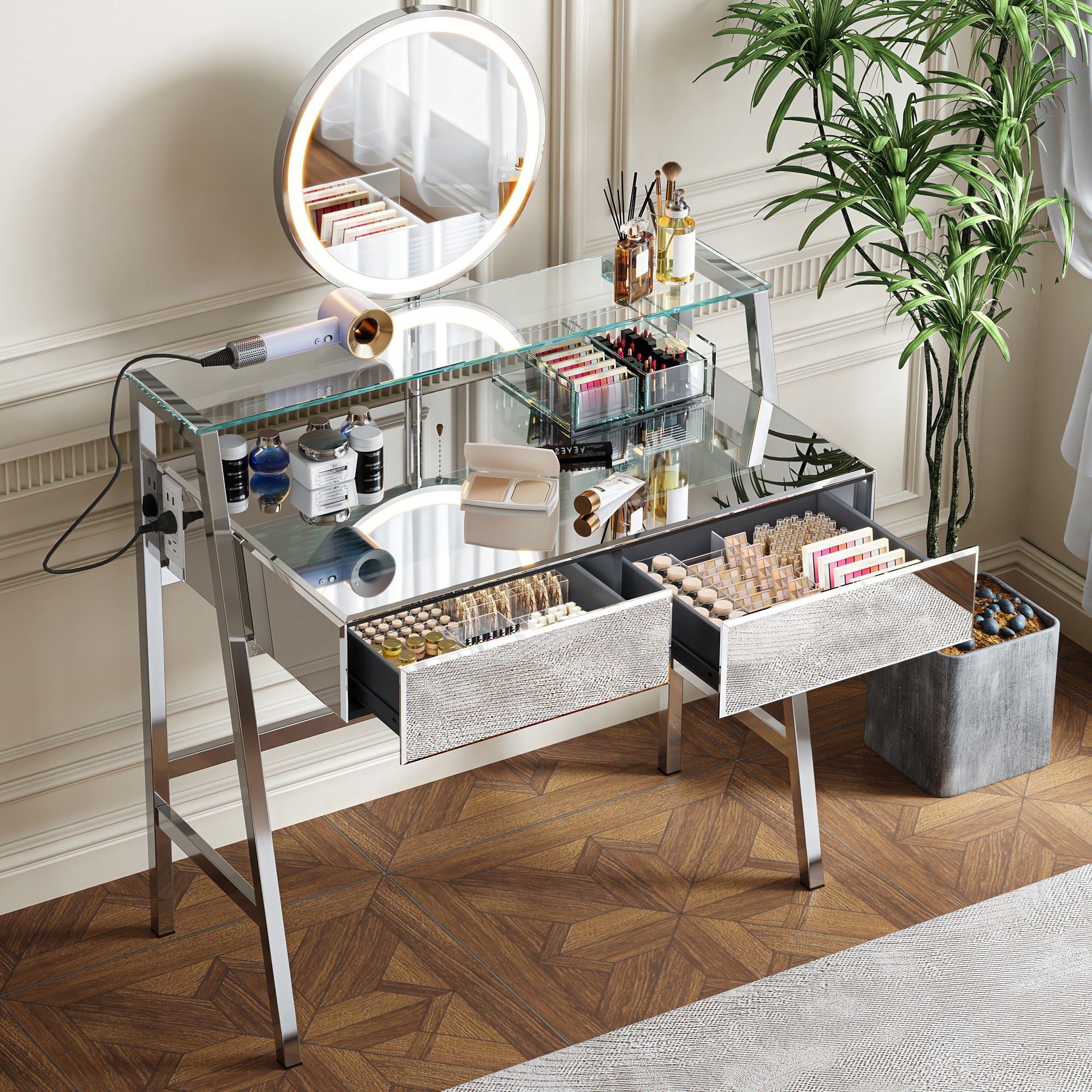 33.9&quot; Mirrored Makeup Vanity Desk With Mirror And Lights, Mirrored Console Vanity Table With 2 Big Drawers &amp; Open Shelf, Dressing Table With Charging Station For Bedroom - Silver