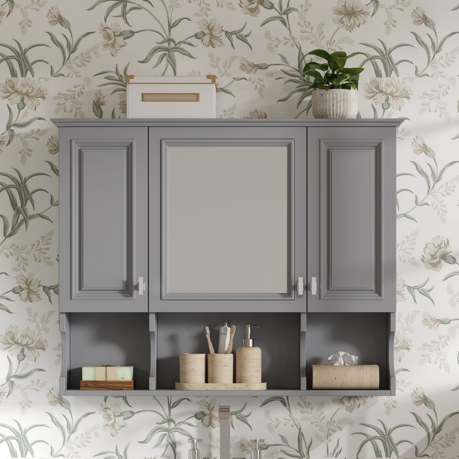 Wall Mounted Bathroom Medicine Wall Cabinet With Mirror &amp; Open Shelves