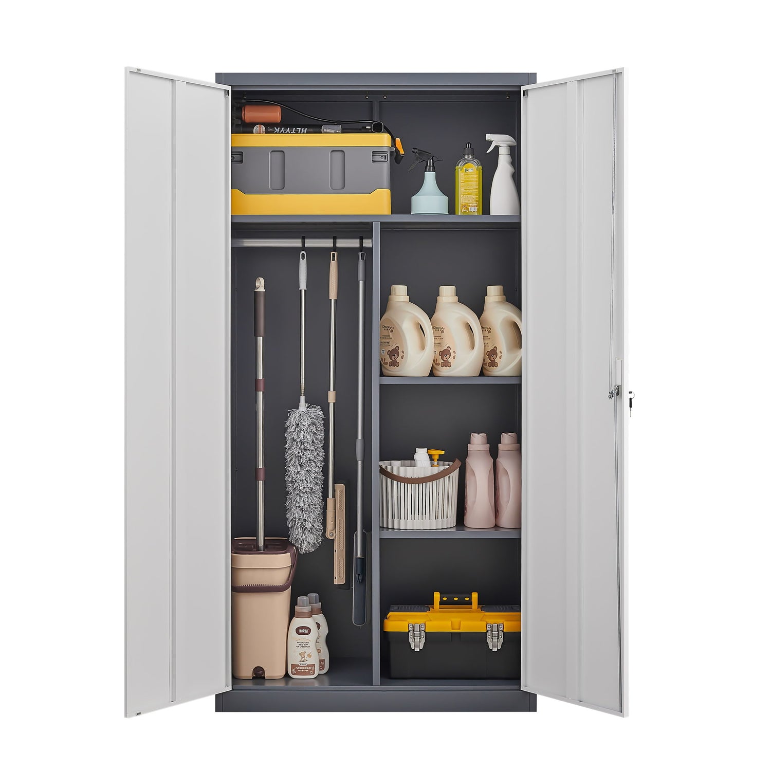 Wardrobe With Hanging Rod And Compartments, Lockable Closet With Locks &amp; Keys For Bedroom - Gray
