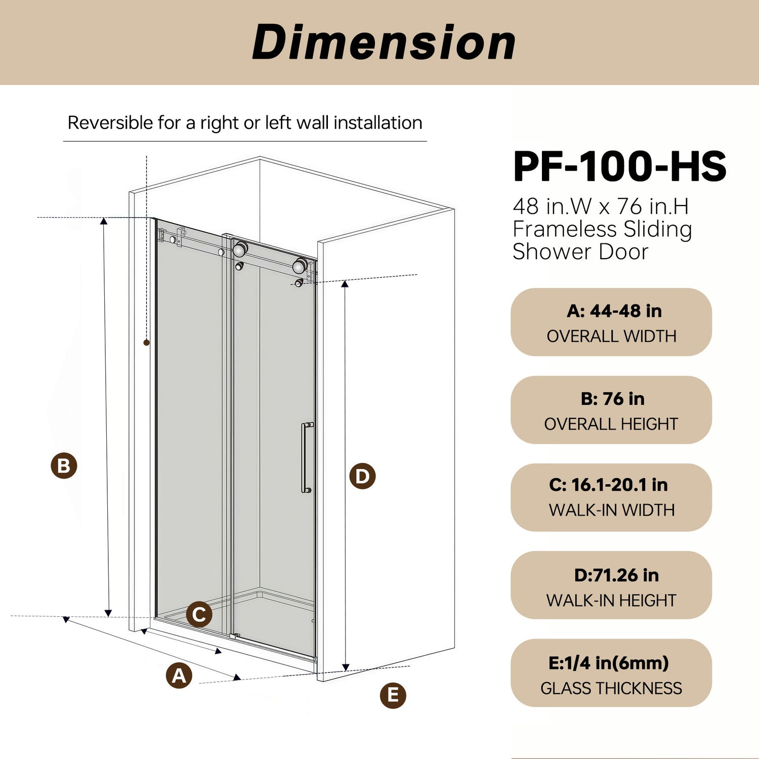 Frameless Single Sliding Shower Door, Square Tube Track