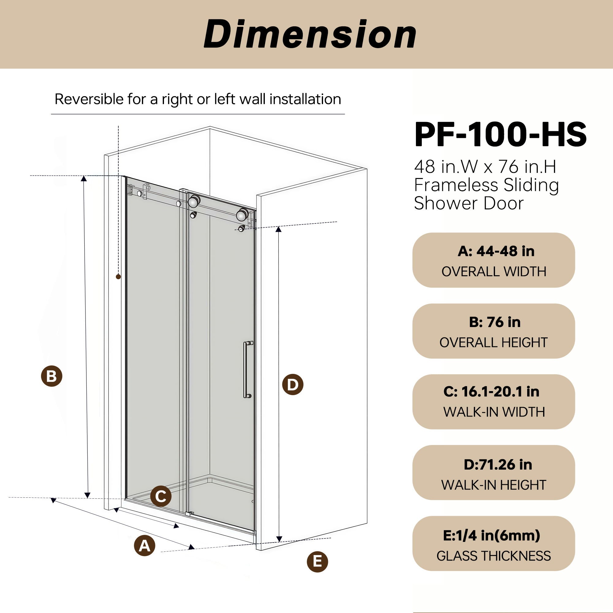 Frameless Single Sliding Shower Door, Square Tube Track