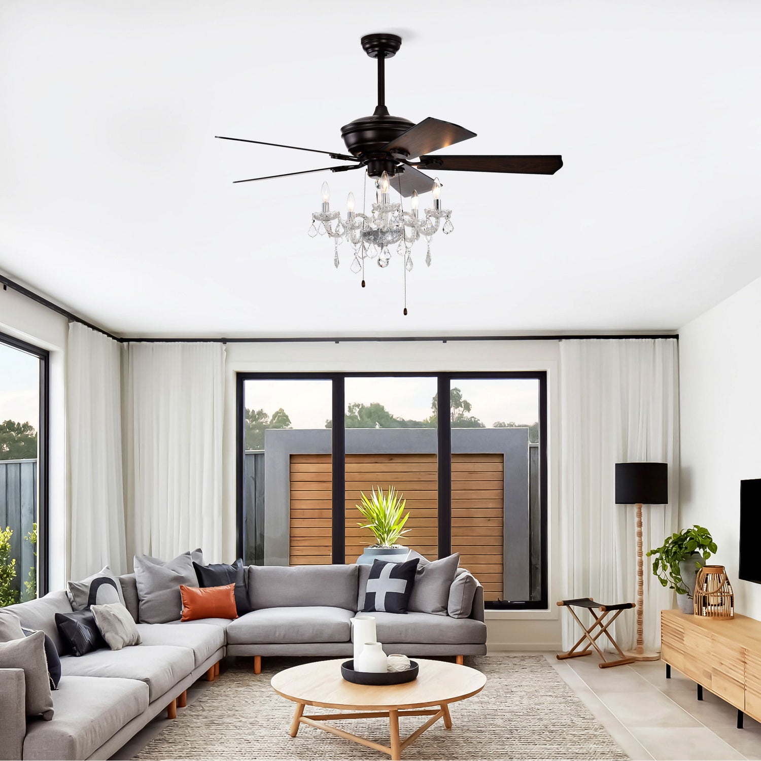 52&quot; Crystal Shade Ceiling Fan Lamp, 3 Speed, 4 Timing, 5 Reversible Blades Crystal Ceiling Fan, 5 Pieces X E12 (No Include Bulb), Hand Pull Chain - Matte Black