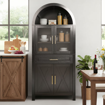 Arched Kitchen Pantry Cabinet With Adjustable Shelves &amp; Barn Door Design