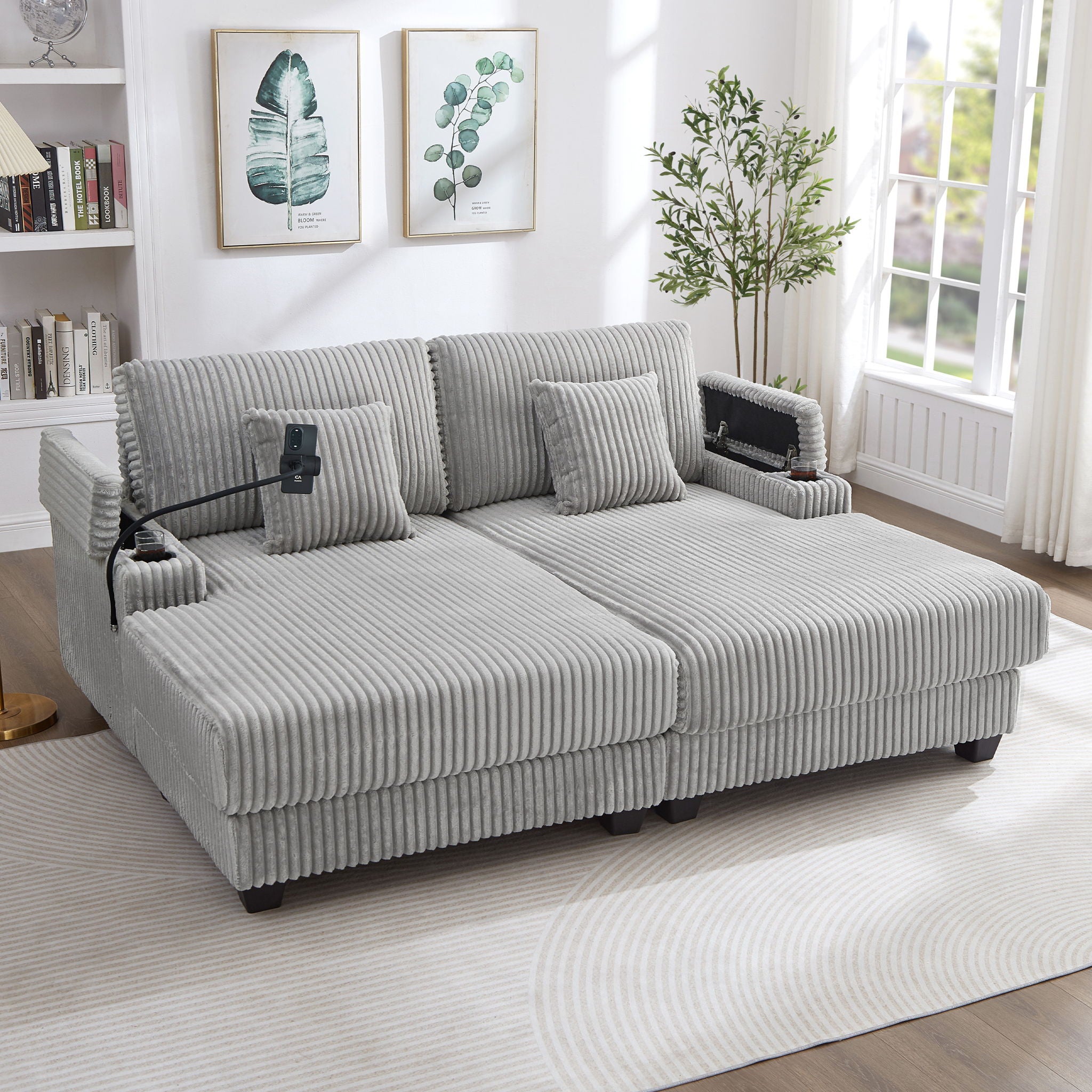 Modern Chaise Sofa With Adjustable Backrest, Cup Holders, Phone Holder &amp; Storage Compartments For Living Room