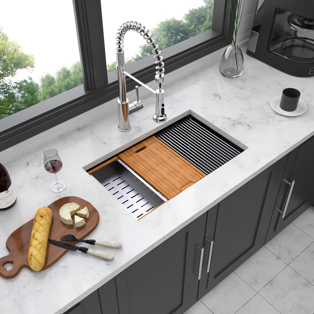 Gunmetal Black Workstation Kitchen Sink 23X18X10&quot; Single Bowl Undermount Stainless Steel 16 Gauge With Cutting Board And Accessories