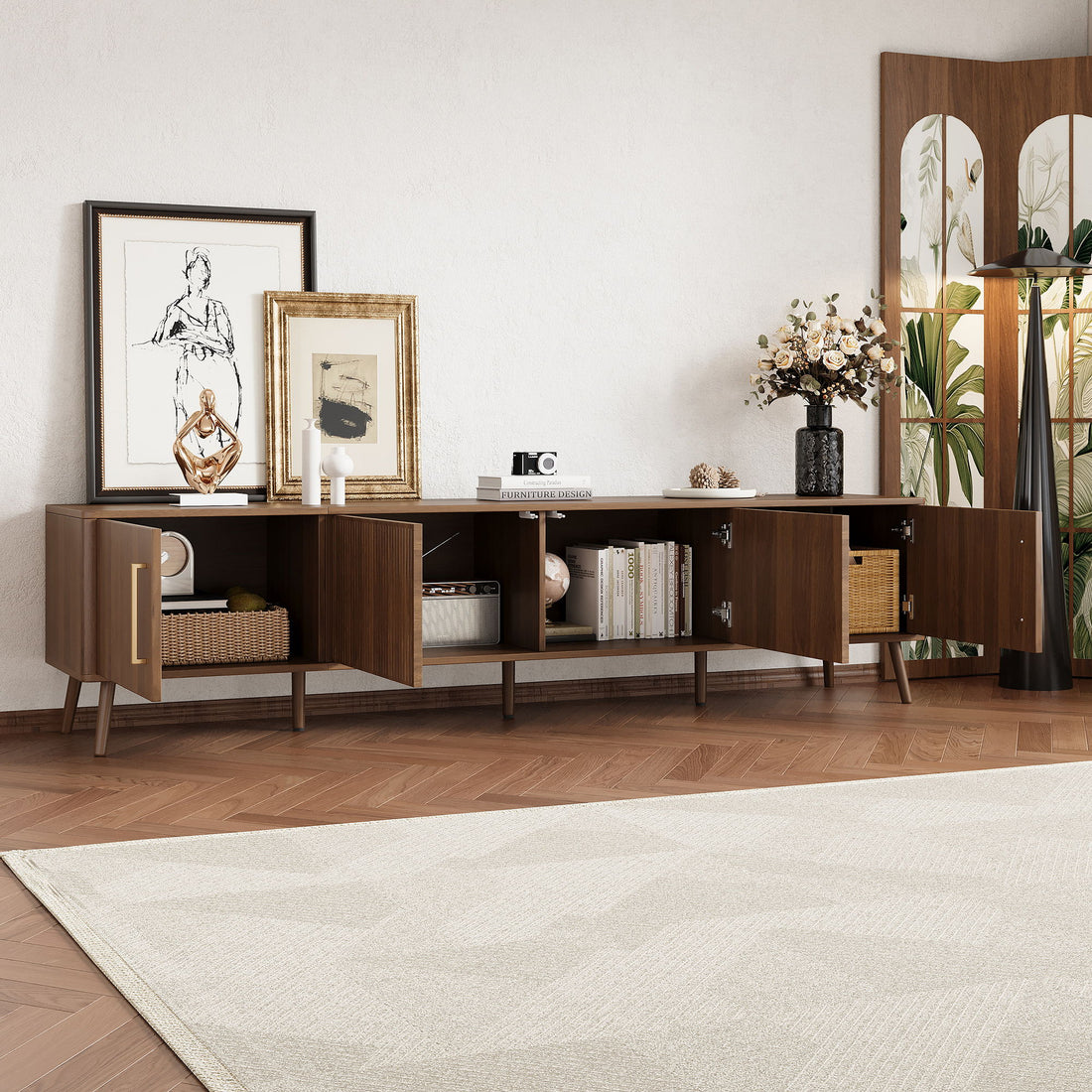 TV Stand For TVs Up To 85&quot; With Fluted Door, Cable Management, Soft-Closing Hinges - Walnut