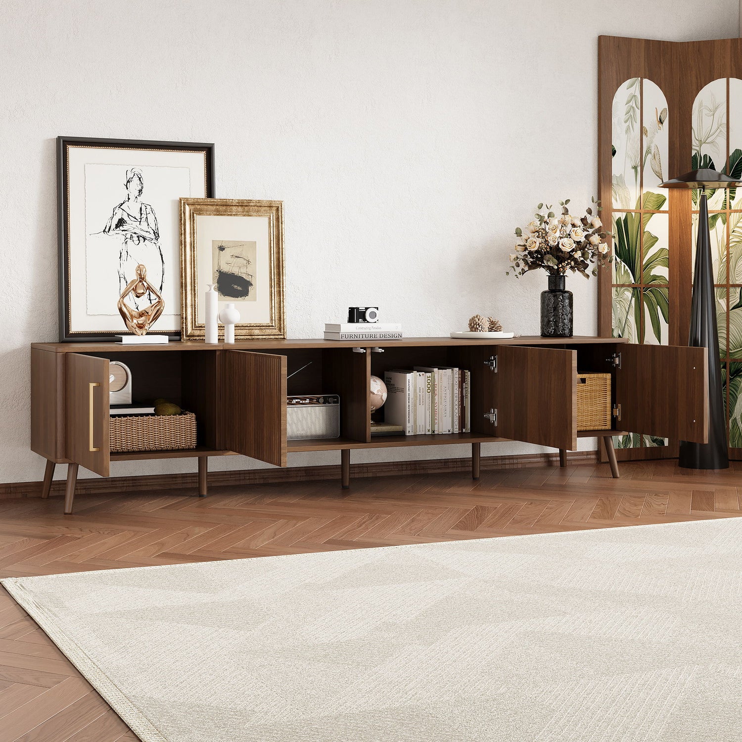 TV Stand For TVs Up To 85&quot; With Fluted Door, Cable Management, Soft-Closing Hinges - Walnut