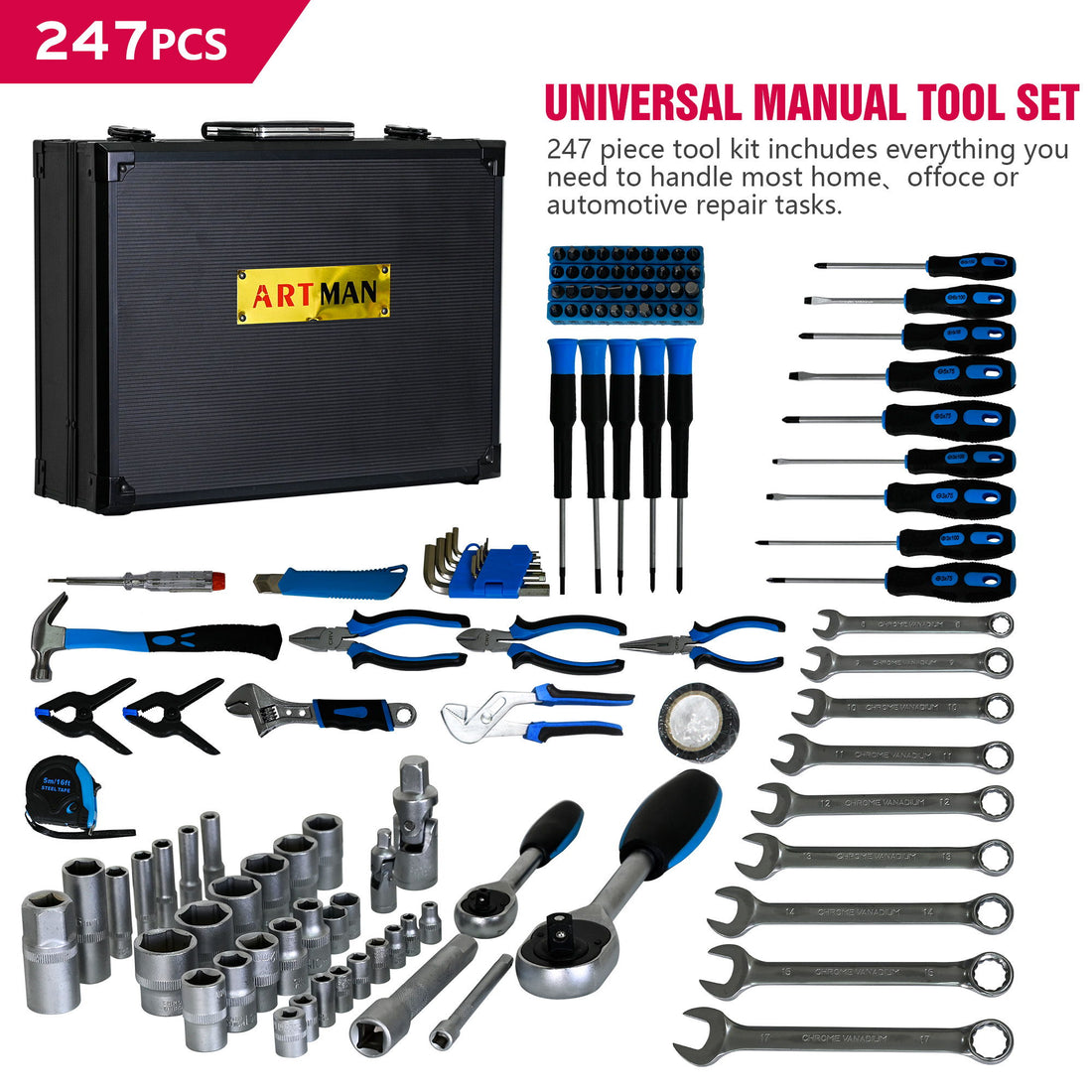 Combined Maintenance Tool Suitcase 247 Pieces Of Basic Home Maintenance Tool Set General Machinery Tool Set - Blue