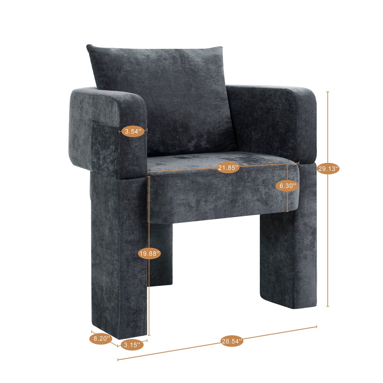 Modern 3 Leg Chenille Accent Chair With Ergonomic Arms &amp; Removable Pillow
